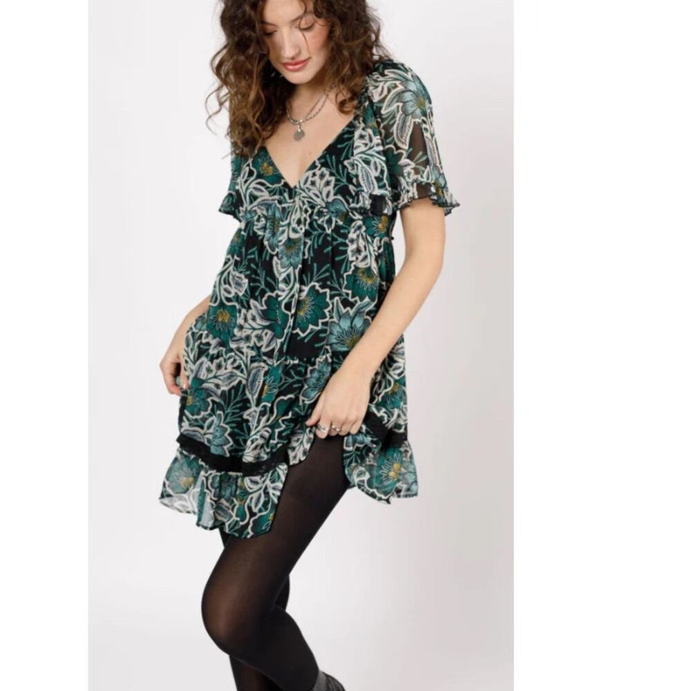 BAND OF THE FREE MAISIE BLACK EMERALD FLORAL‎ MINI DRESS LACE UP BACK S NEW